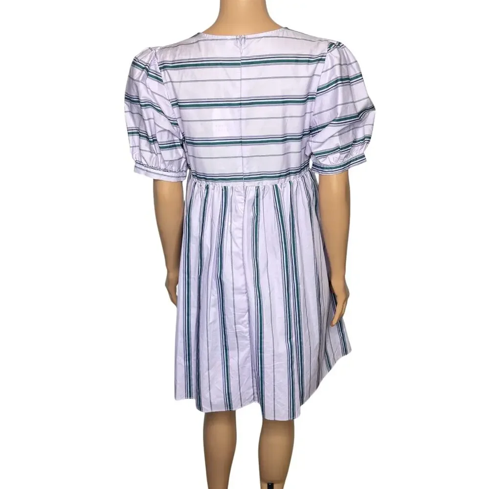 English Factory Puff Sleeve Striped Mini Dress size M Lilac Relaxed Babydoll New - Picture 2 of 10